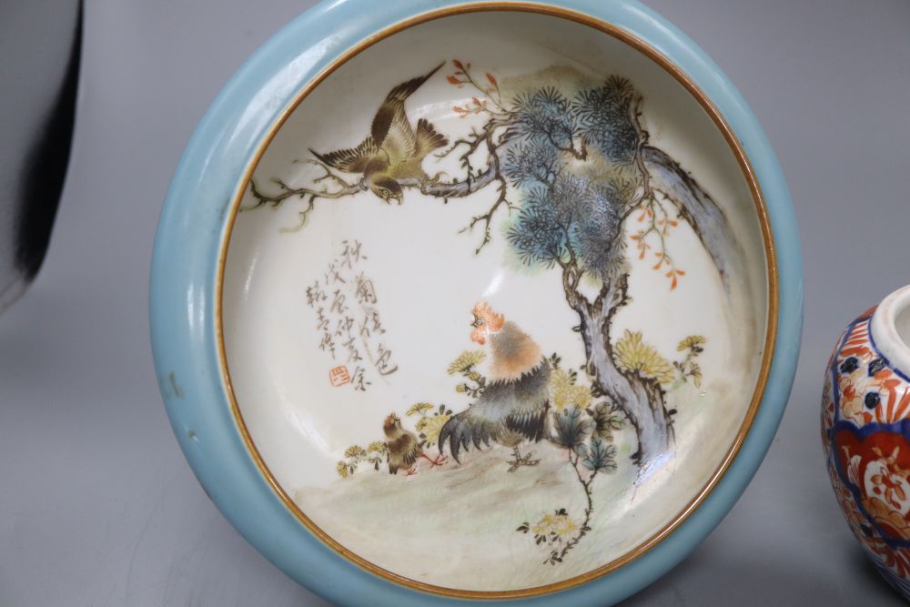 A Chinese porcelain brushwasher decorated with cockerel and hawk together with an Imari jar, diameter of largest piece 21.5cm